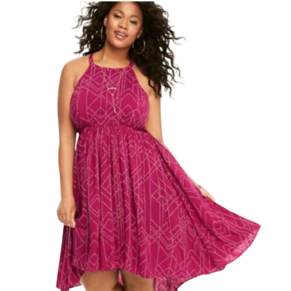 Torrid Berry Dot Midi Challis High Neck Trapeze Dress Sz 1